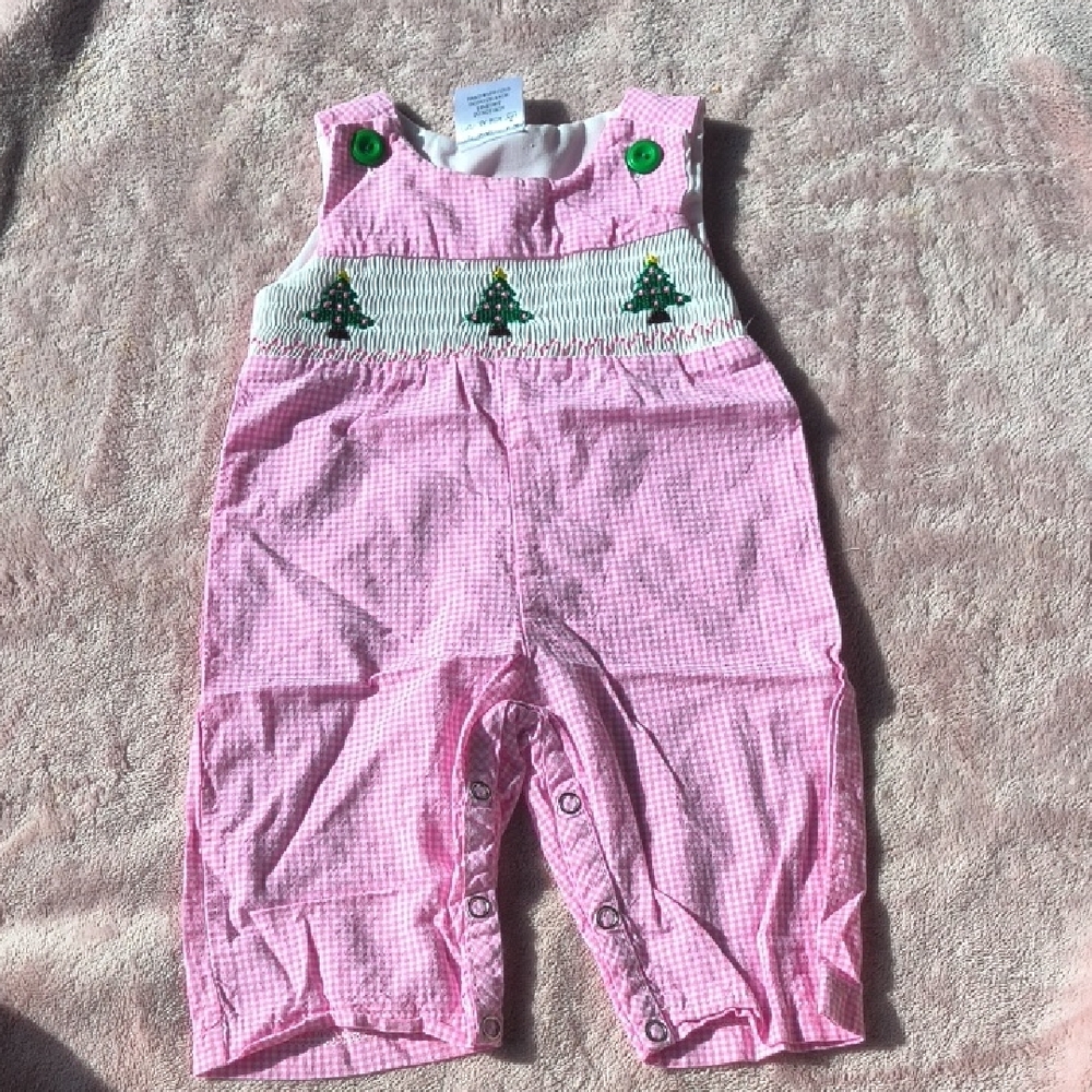 Pink Gingham Kids Overalls with Green Tree Embroidery